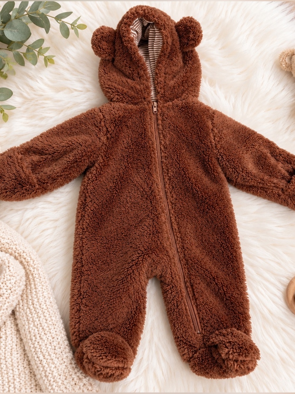 Carter's Brown Teddy Fleece Hooded Baby One-Piece